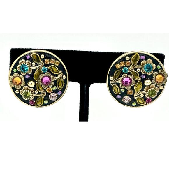Michal Golan Jewelry - Michal Golan Handmade Midnight Garden Circle Earrings Swarovski Crystals Vtg